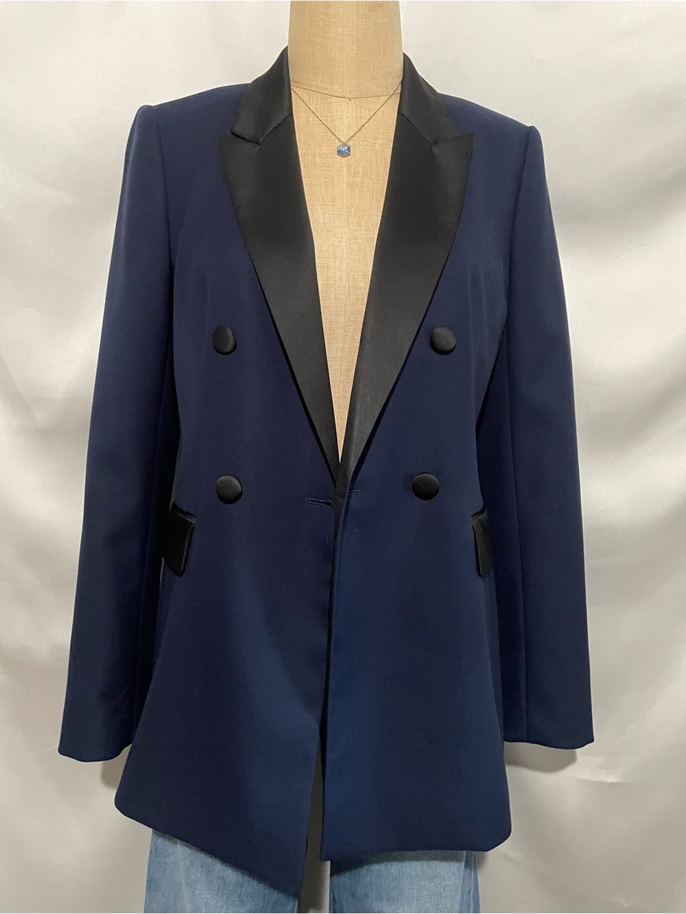 1901 Navy Blazer with Black Satin Peak Lapels